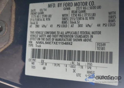 2014 Ford Transit Connect Xl из США, поврежденный, VIN NM0LS6E7XE1154892